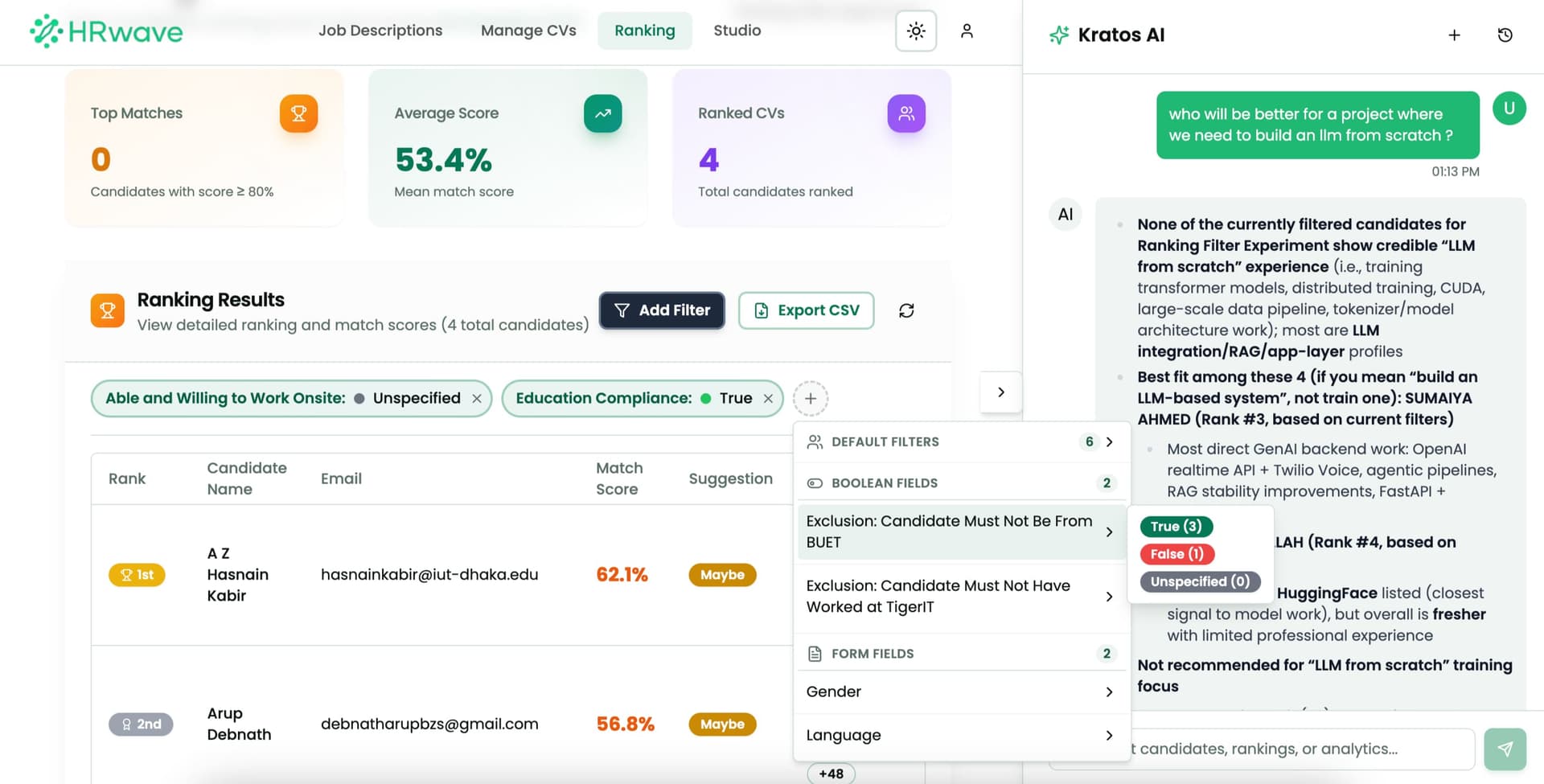 HRwave Dashboard - AI-powered candidate ranking and analysis